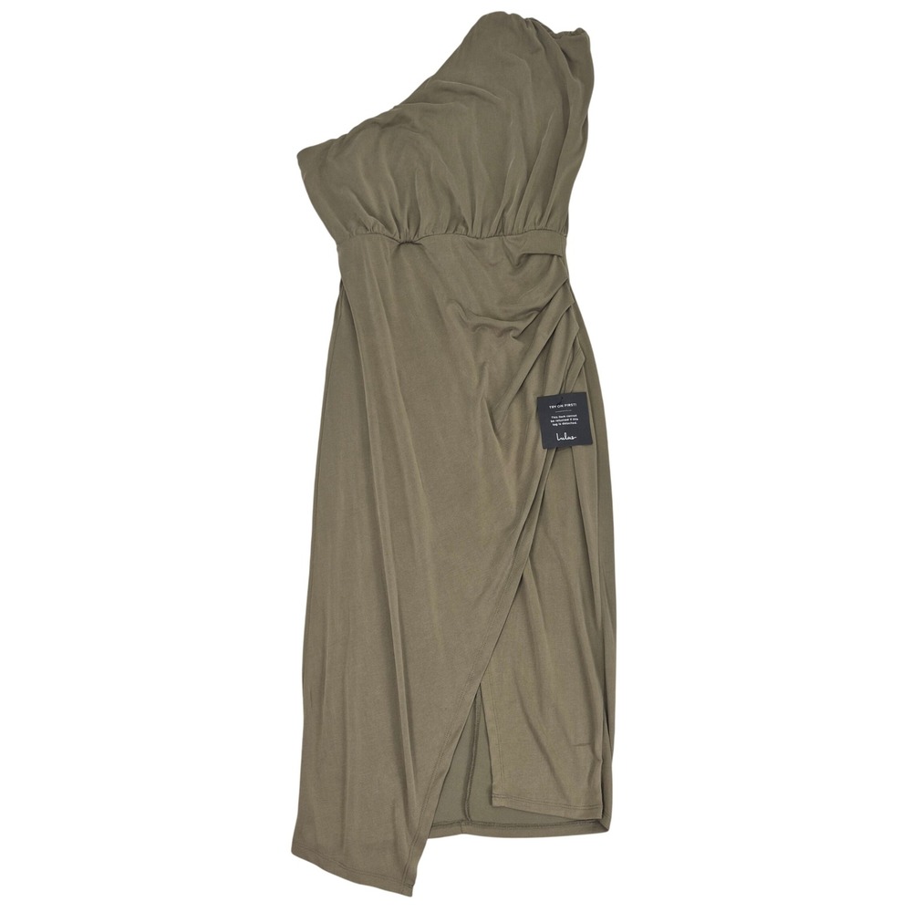 NWT Lulus Womens M Olive Green One Shoulder Draped Tulip Midi Dress Ruched Asym